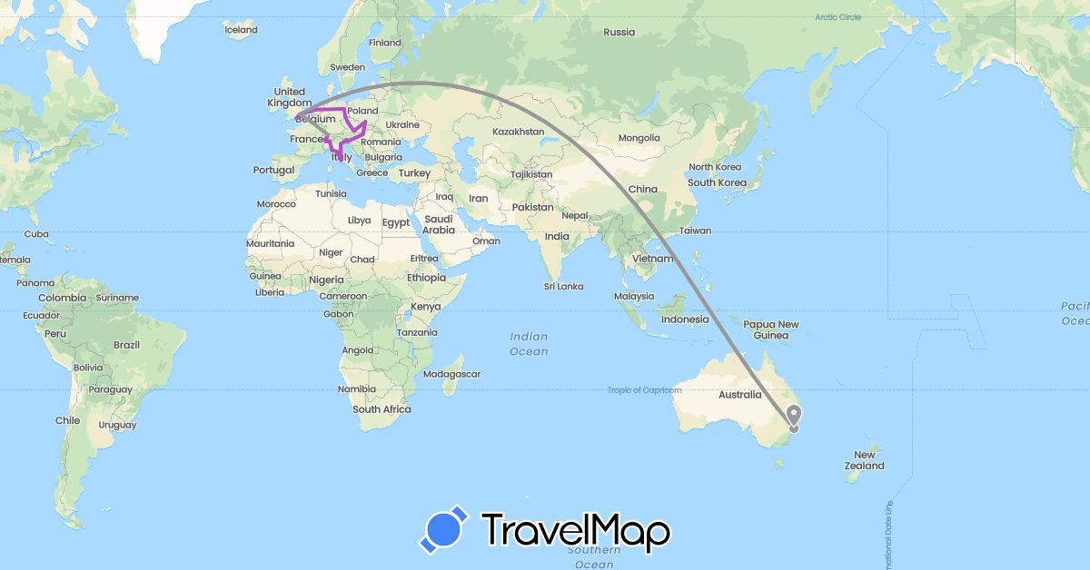 TravelMap itinerary: driving, plane, train, boat in Austria, Australia, Switzerland, Czech Republic, Germany, United Kingdom, Hungary, Italy, Netherlands, Poland, Slovenia (Europe, Oceania)